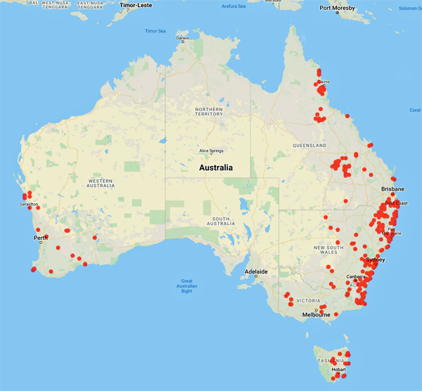 collecting locality map for 'Armstrong, J.A.'