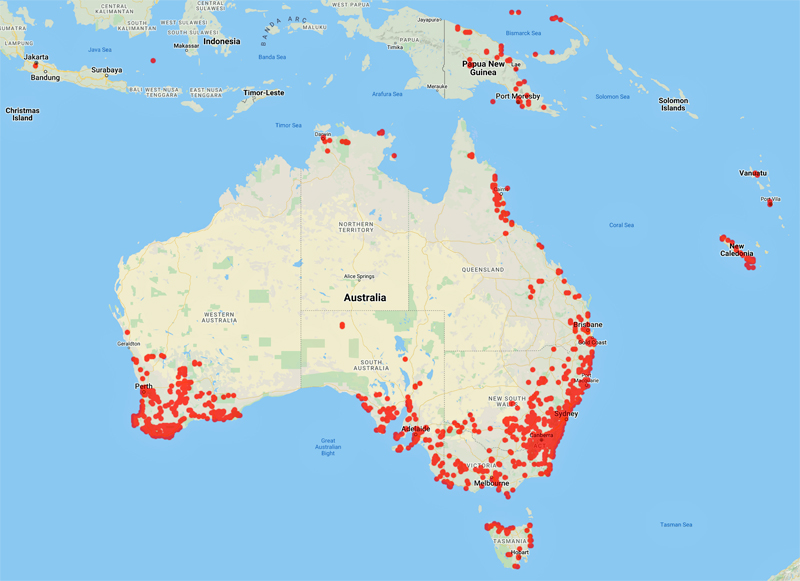 collecting locality map for 'Clements, M.A.'