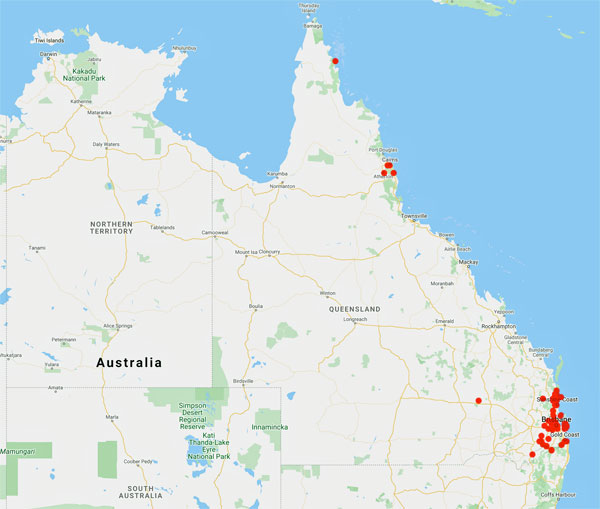 collecting locality map for 'Hunt, T.E.'