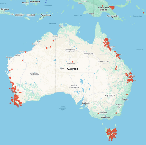 collecting locality Aust. map for 'Norris, D.H.'